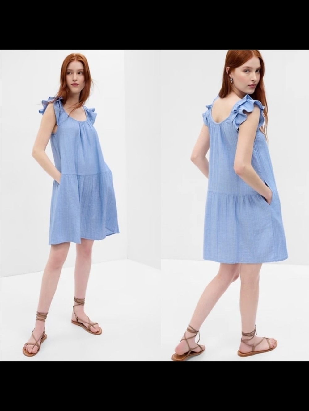 GAP Light Blue Ruffle-Sleeve Mini Dress, Size L Petite, NWT